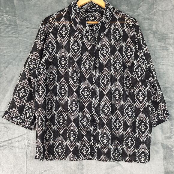 Simply Emma Tops - Womens Top 1X Black Western Tribal Aztec Southwestern Sheer Whimsygoth Button Up